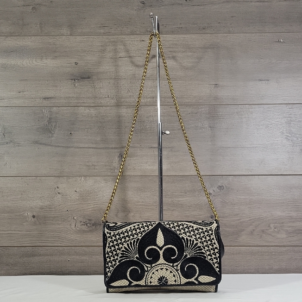 Isabella Fiore Embroidered Flap Front Leather Crossbody Shoulder Bag